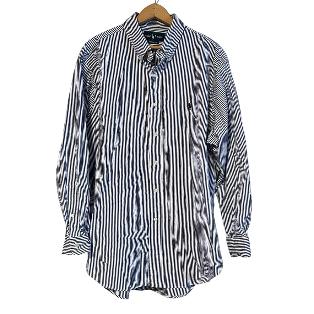 Polo Ralph Lauren Classic Fit Button Down Shirt Sz 17 White Blue Striped Men’s